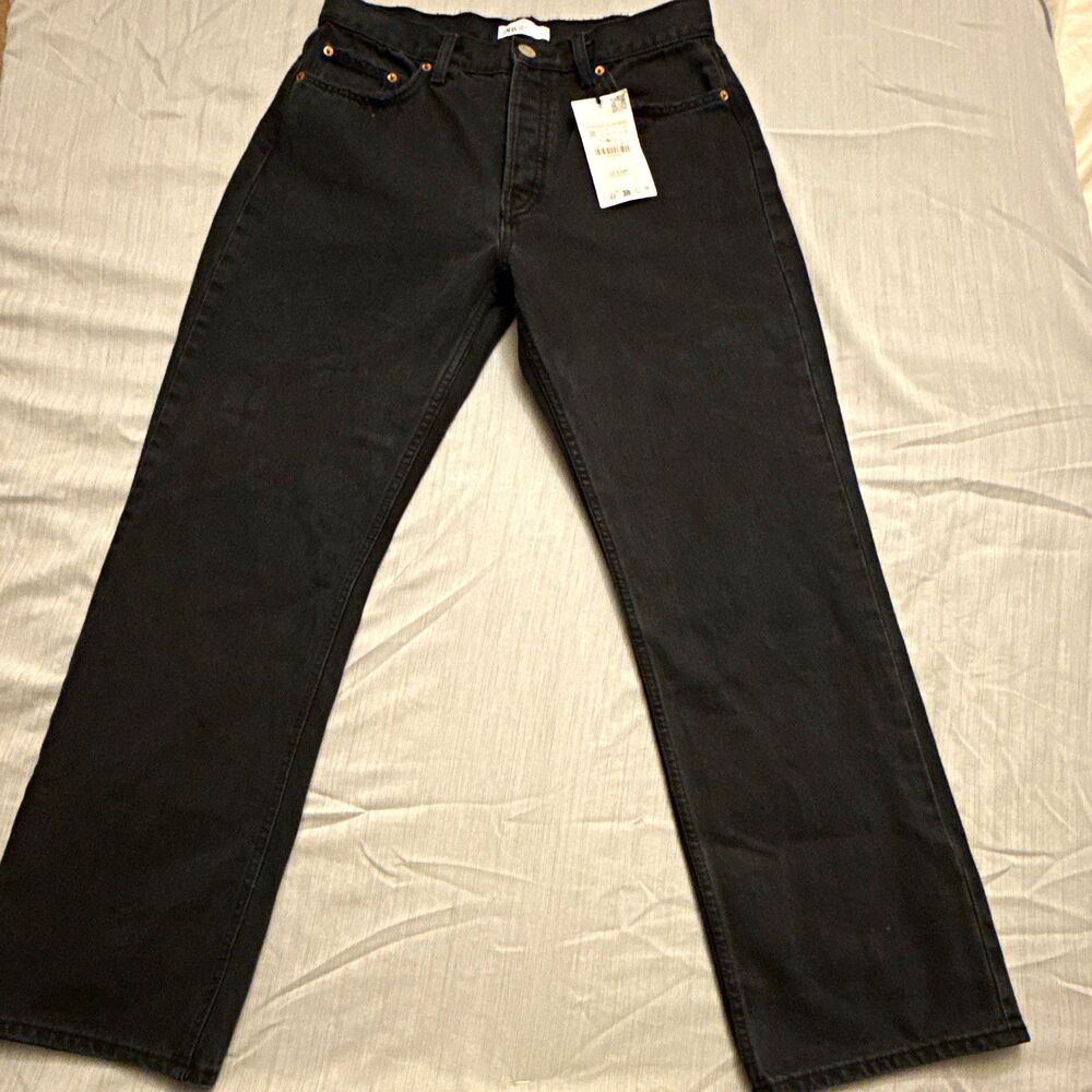 ZARA Women's 6 Black Dark Wash High Rise Straight Leg Denim Jeans NWT Button Fly
